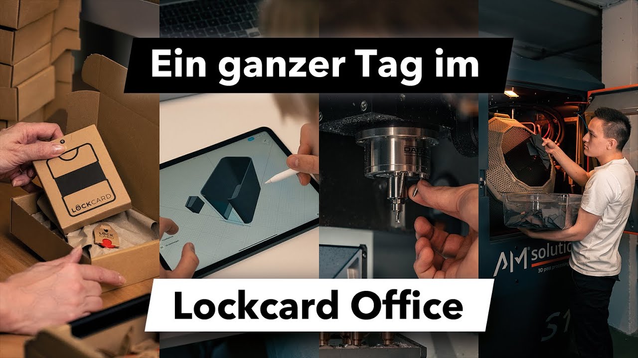 Zu sehen sind verschiedene Fotos der Arbeit bei Lockcard. Eine Verpackung des Wallets, ein CAD Model eines Tools, der Fräskopf der Fräsmaschine und Aaron Rau bei entnehmen 3D Druck Teile aus der Sanstrahlkabine